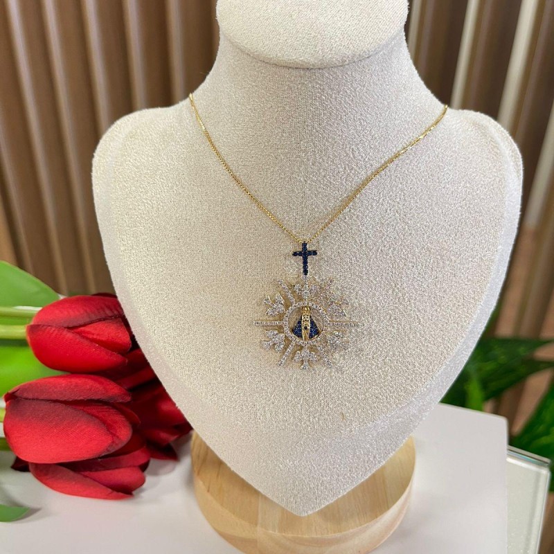 COLAR BANHO OURO 18 K PINGENTE NOSSA SENHORA CRAVEJADO CRUZ