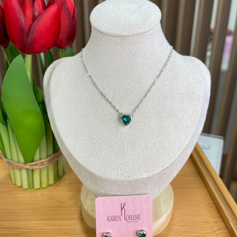 CONJUNTO CORAÇÃO CRISTAL ESMERALDA BANHO RODIO BRANCO