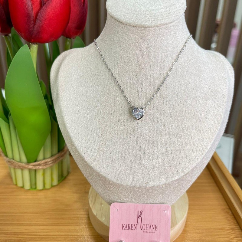 CONJUNTO CORAÇÃO CRISTAL NO RODIO BRANCO