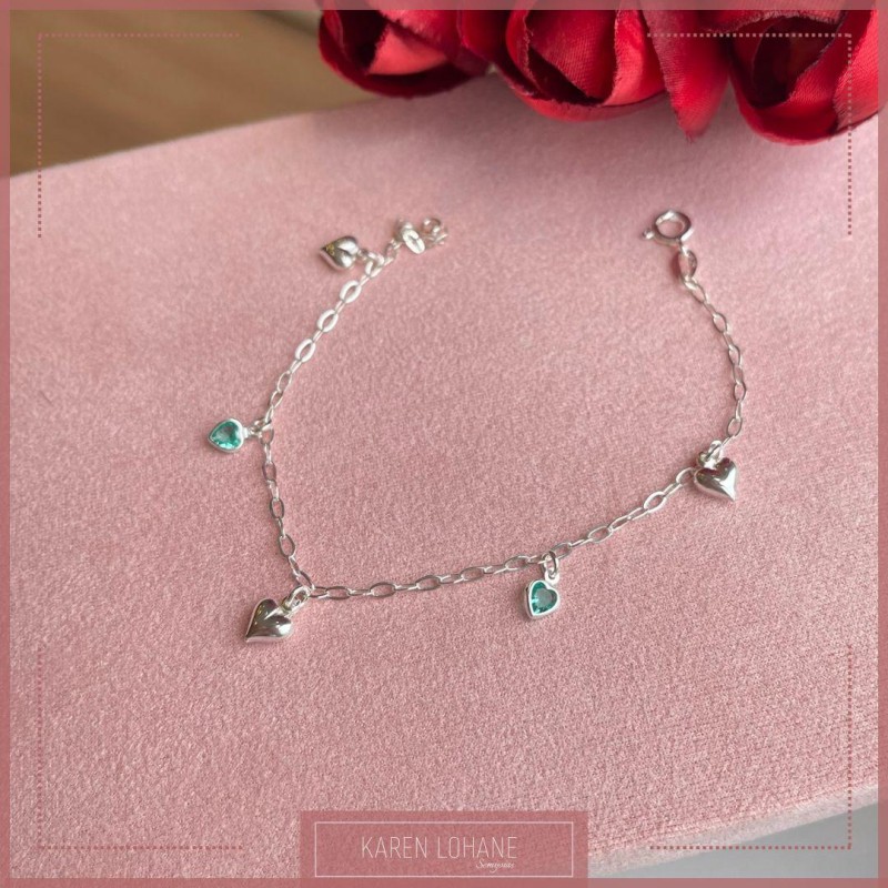 PULSEIRA EM PRATA 925 E PING CRISTAIS CORAÇÕES