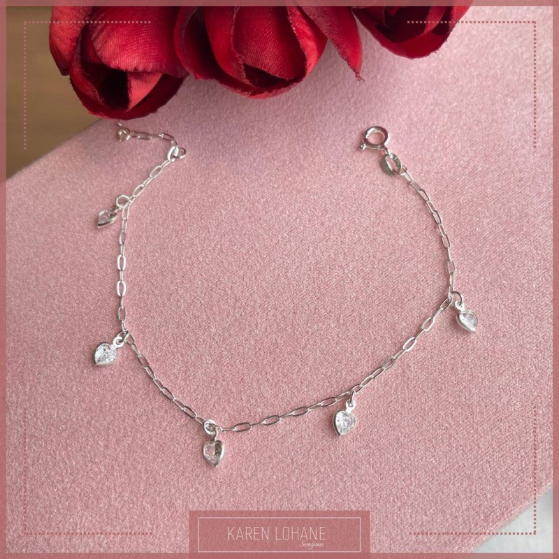 PULSEIRA PRATA 925 COM PINGENTES CORAÇÕES