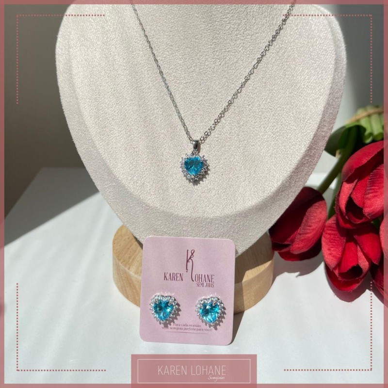 CONJUNTO CORAÇÃO PEDRA AZUL RODIO BRANCO