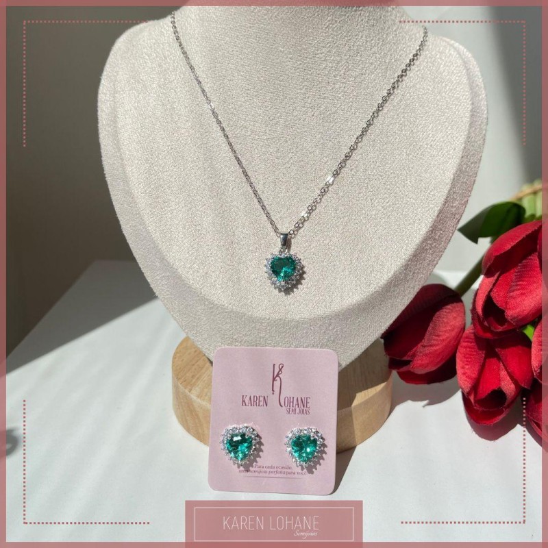 CONJUNTO CORAÇÃO PEDRA VERDE RODIO BRANCO