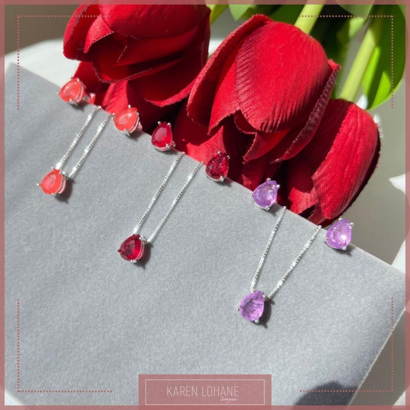 CONJUNTO GOTA EM PRATA 925 PEDRA FUSION LAVANDA