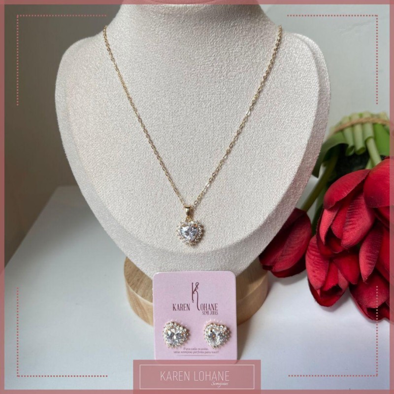 CONJUNTO NO BANHO OURO PEDRA CORAÇÃO CRISTAL