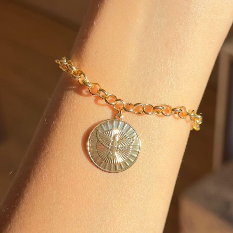 PULSEIRA ELO PORTUGUÊS COM MEDALHA DE ESPÍRITO SANTO