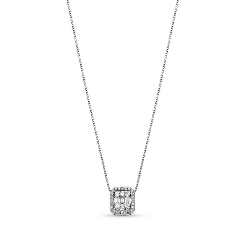 COLAR COM PINGENTE QUADRADO E CRISTAL PRATA RODINADA